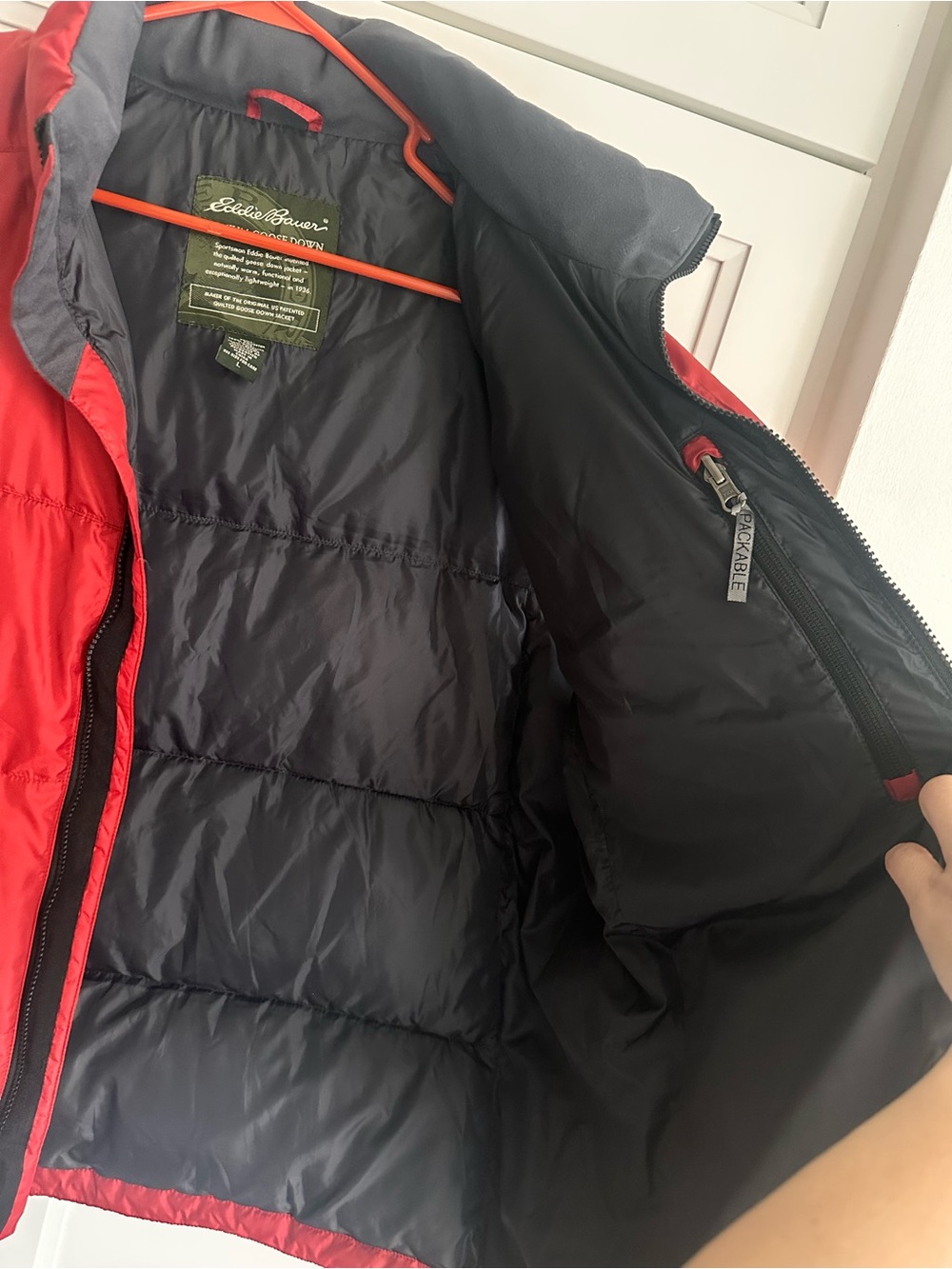Eddie Bauer Men’s Red Puffer Goose Down Vest with Dark Gray Lining - Picture 8 of 8